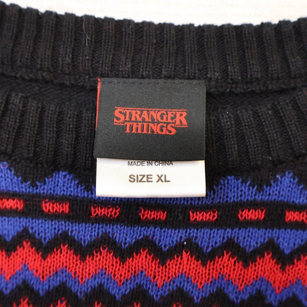 Stranger Things Mens XL Sweater Black Blue Red Demogorgon Cast Holiday Knit